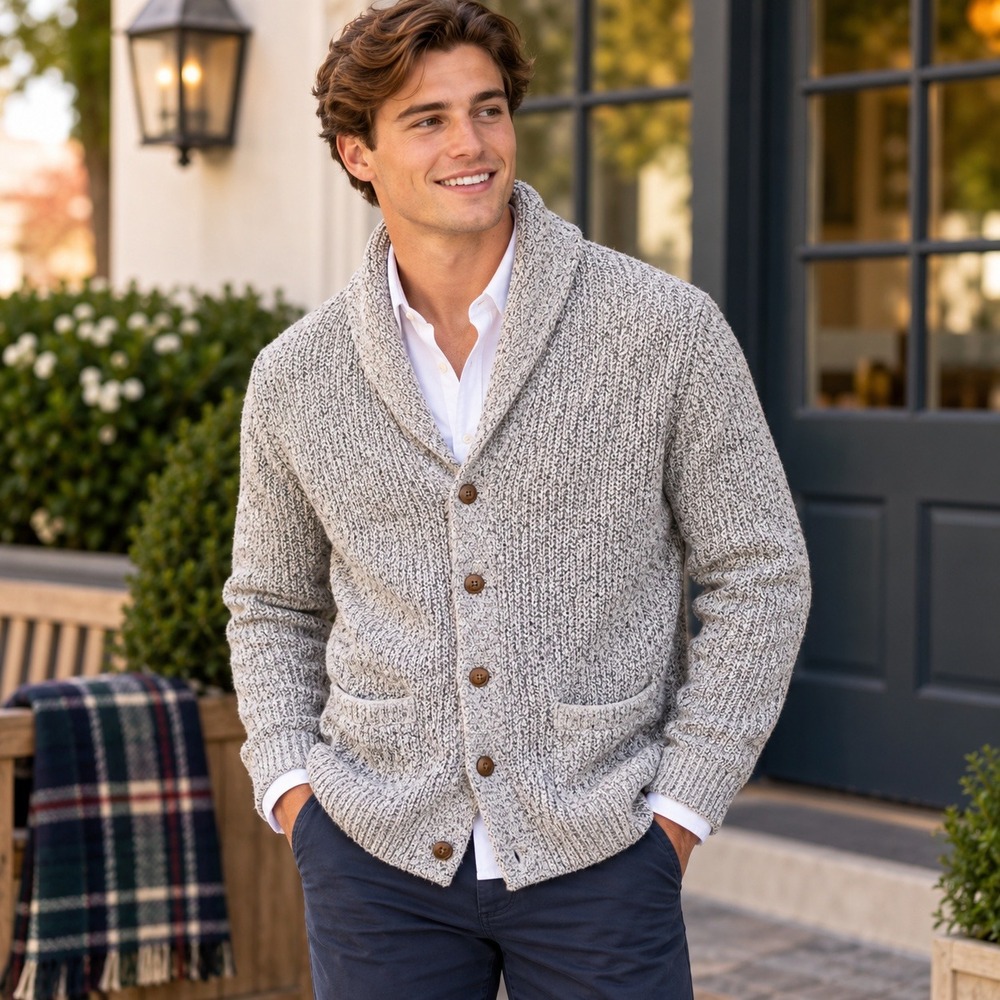 Faherty Mens Grey Marl Cotton Cashmere Shawl Collar Cardigan Size Large Preppy